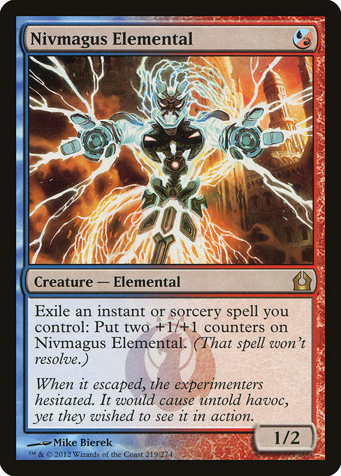 Nivmagus Elemental
Creature — Elemental
Exile an instant or sorcery spell you control: Put two +1/+1 counters on this creature. (That spell won't resolve.)
1/2