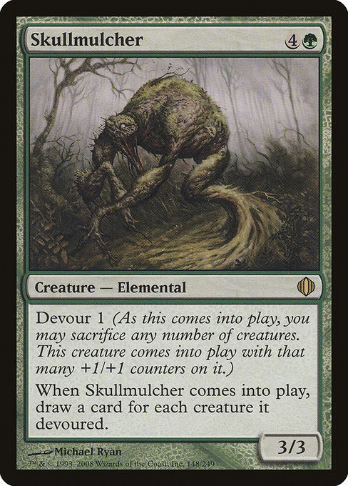 Skullmulcher
Creature — Elemental
Devour 1 (As this creature enters, you may sacrifice any number of creatures. It enters with that many +1/+1 counters on it.)
When this creature enters, draw a card for each creature it devoured.
3/3