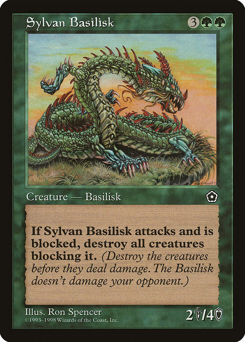 Sylvan Basilisk
Creature — Basilisk
Whenever this creature becomes blocked by a creature, destroy that creature.
2/4