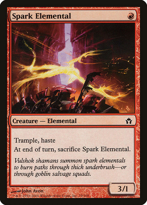 Spark Elemental
Creature — Elemental
Trample, haste (This creature can deal excess combat damage to the player or planeswalker it's attacking. This creature can attack and {T} as soon as it comes under your control.)
At the beginning of the end step, sacrifice this creature.
3/1