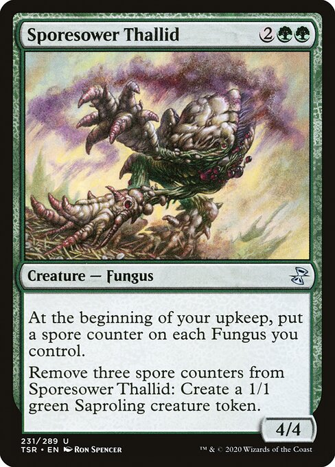 Sporesower Thallid
Creature — Fungus
At the beginning of your upkeep, put a spore counter on each Fungus you control.
Remove three spore counters from this creature: Create a 1/1 green Saproling creature token.
4/4