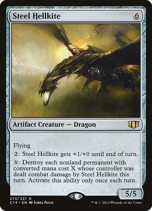 Steel Hellkite
Artifact Creature — Dragon
Flying
{2}: This creature gets +1/+0 until end of turn.
{X}: Destroy each nonland permanent with mana value X whose controller was dealt combat damage by this creature this turn. Activate only once each turn.
5/5
