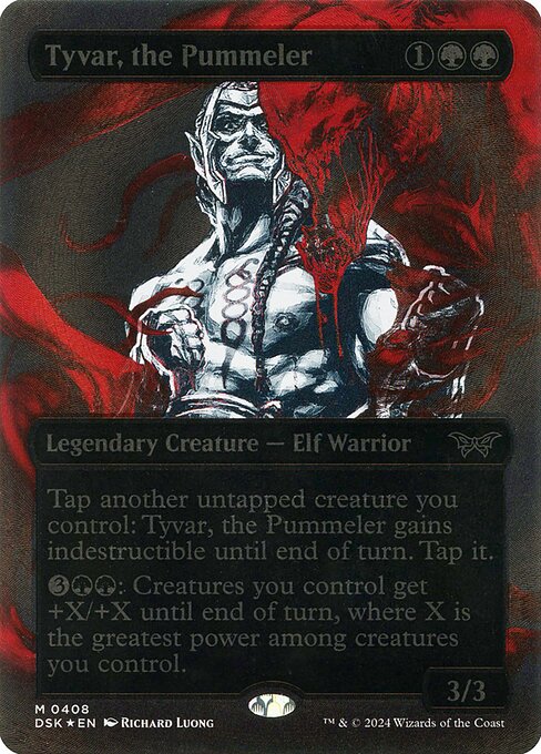 Tyvar, the Pummeler
Legendary Creature — Elf Warrior
Tap another untapped creature you control: Tyvar gains indestructible until end of turn. Tap it.
{3}{G}{G}: Creatures you control get +X/+X until end of turn, where X is the greatest power among creatures you control.
3/3
