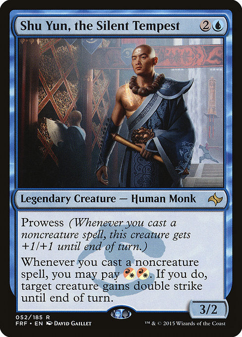 Shu Yun, the Silent Tempest
Legendary Creature — Human Monk
Prowess (Whenever you cast a noncreature spell, this creature gets +1/+1 until end of turn.)
Whenever you cast a noncreature spell, you may pay {R/W}{R/W}. If you do, target creature gains double strike until end of turn.
3/2