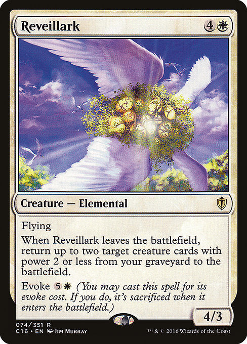 Reveillark
Creature — Elemental
Flying
When this creature leaves the battlefield, return up to two target creature cards with power 2 or less from your graveyard to the battlefield.
Evoke {5}{W} (You may cast this spell for its evoke cost. If you do, it's sacrificed when it enters.)
4/3