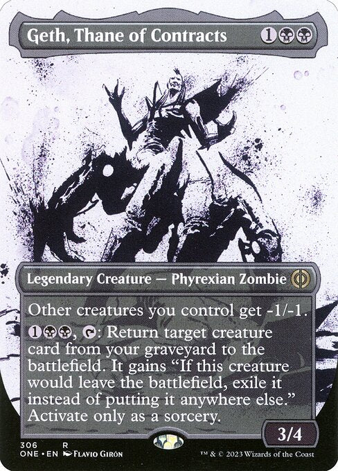 Geth, Thane of Contracts
Legendary Creature — Phyrexian Zombie
Other creatures you control get -1/-1.
{1}{B}{B}, {T}: Return target creature card from your graveyard to the battlefield. It gains "If this creature would leave the battlefield, exile it instead of putting it anywhere else." Activate only as a sorcery.
3/4
