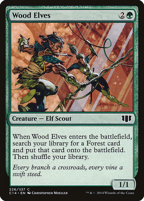 Wood Elves
Creature — Elf Scout
When this creature enters, search your library for a Forest card, put that card onto the battlefield, then shuffle.
1/1
