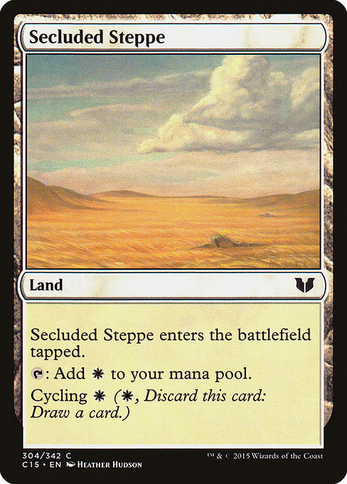 Secluded Steppe
Land
This land enters tapped.
{T}: Add {W}.
Cycling {W} ({W}, Discard this card: Draw a card.)