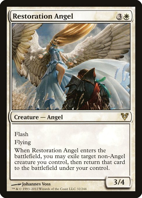 Restoration Angel
Creature — Angel
Flash
Flying
When this creature enters, you may exile target non-Angel creature you control, then return that card to the battlefield under your control.
3/4