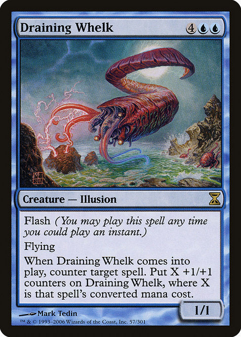 Draining Whelk
Creature — Illusion
Flash
Flying
When this creature enters, counter target spell. Put X +1/+1 counters on this creature, where X is that spell's mana value.
1/1
