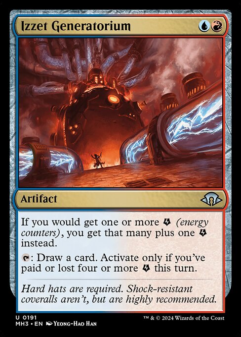 Izzet Generatorium
Artifact
If you would get one or more {E} (energy counters), you get that many plus one {E} instead.
{T}: Draw a card. Activate only if you've paid or lost four or more {E} this turn.