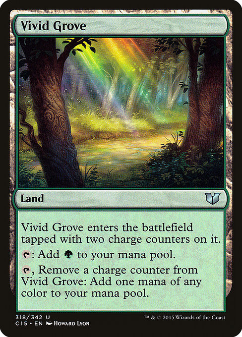 Vivid Grove
Land
This land enters tapped with two charge counters on it.
{T}: Add {G}.
{T}, Remove a charge counter from this land: Add one mana of any color.