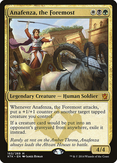 Anafenza, the Foremost
Legendary Creature — Human Soldier
Whenever Anafenza attacks, put a +1/+1 counter on another target tapped creature you control.
If a nontoken creature an opponent owns would die or a creature card not on the battlefield would be put into an opponent's graveyard, exile that card instead.
4/4
