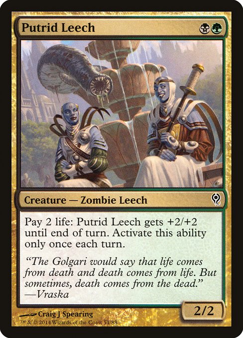 Putrid Leech
Creature — Zombie Leech
Pay 2 life: This creature gets +2/+2 until end of turn. Activate only once each turn.
2/2