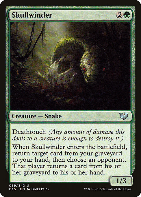 Skullwinder
Creature — Snake
Deathtouch
When this creature enters, return target card from your graveyard to your hand, then choose an opponent. That player returns a card from their graveyard to their hand.
1/3