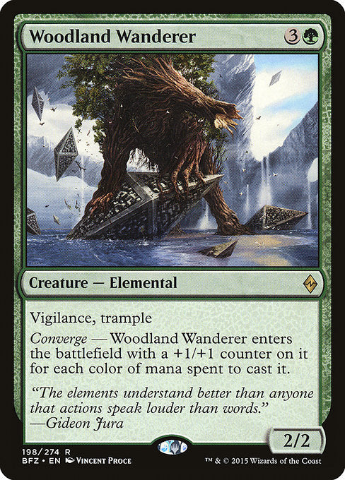 Woodland Wanderer
Creature — Elemental
Vigilance, trample
Converge — This creature enters with a +1/+1 counter on it for each color of mana spent to cast it.
2/2