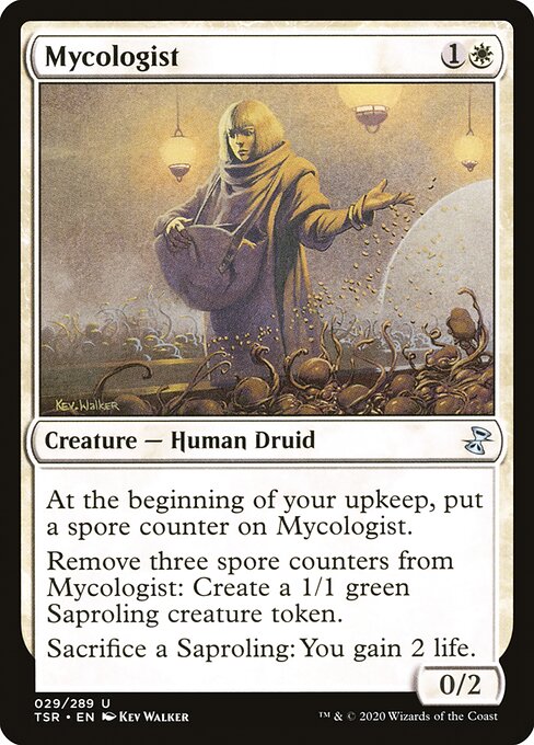 Mycologist
Creature — Human Druid
At the beginning of your upkeep, put a spore counter on this creature.
Remove three spore counters from this creature: Create a 1/1 green Saproling creature token.
Sacrifice a Saproling: You gain 2 life.
0/2