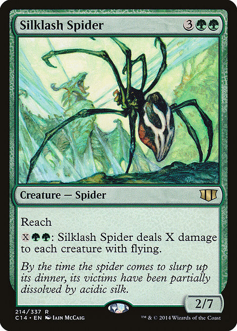 Silklash Spider
Creature — Spider
Reach
{X}{G}{G}: This creature deals X damage to each creature with flying.
2/7