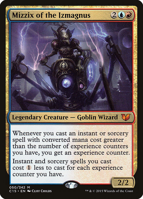 Mizzix of the Izmagnus
Legendary Creature — Goblin Wizard
Whenever you cast an instant or sorcery spell with mana value greater than the number of experience counters you have, you get an experience counter.
Instant and sorcery spells you cast cost {1} less to cast for each experience counter you have.
2/2