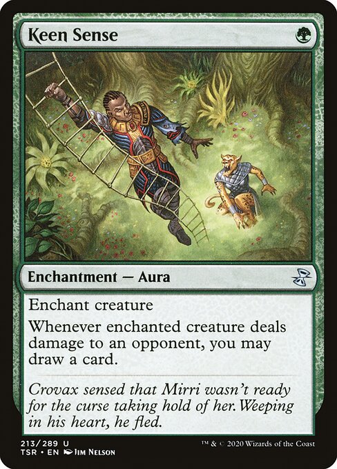 Keen Sense
Enchantment — Aura
Enchant creature
Whenever enchanted creature deals damage to an opponent, you may draw a card.