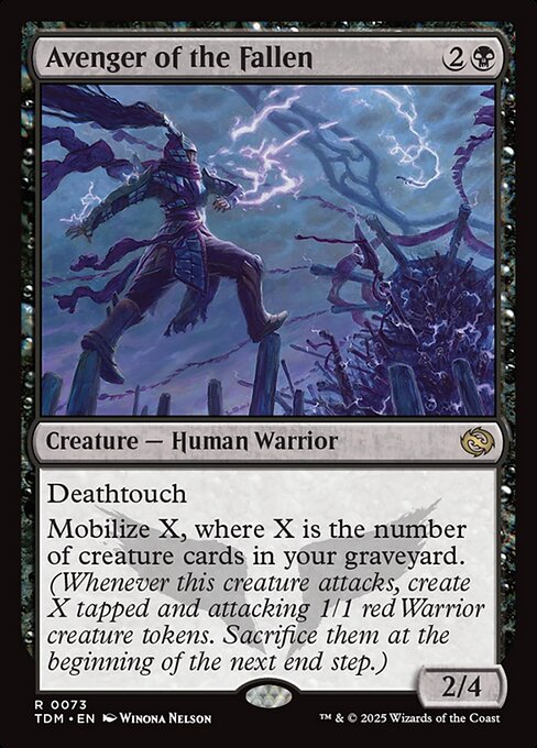 Avenger of the Fallen
Creature — Human Warrior
Deathtouch
Mobilize X, where X is the number of creature cards in your graveyard. (Whenever this creature attacks, create X tapped and attacking 1/1 red Warrior creature tokens. Sacrifice them at the beginning of the next end step.)
2/4