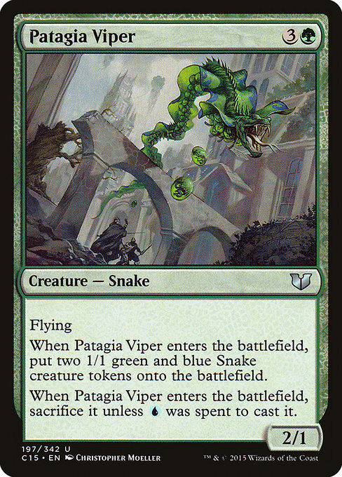 Patagia Viper
Creature — Snake
Flying
When this creature enters, create two 1/1 green and blue Snake creature tokens.
When this creature enters, sacrifice it unless {U} was spent to cast it.
2/1