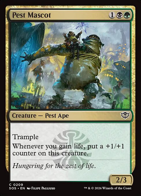Pest Mascot
Creature — Pest Ape
Trample
Whenever you gain life, put a +1/+1 counter on this creature.
2/3