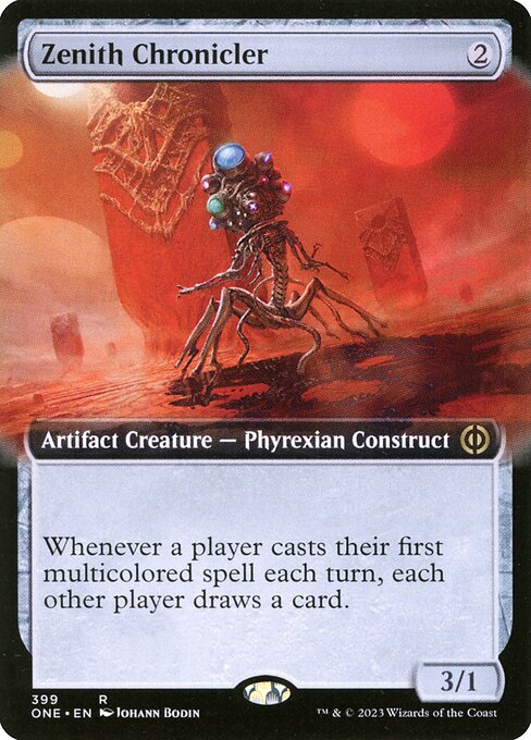 Zenith Chronicler
Artifact Creature — Phyrexian Construct
Whenever a player casts their first multicolored spell each turn, each other player draws a card.
3/1