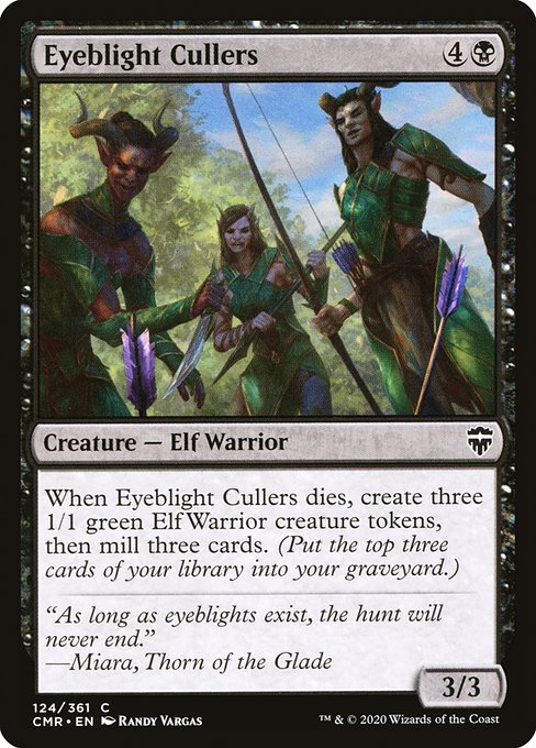 Eyeblight Cullers
Creature — Elf Warrior
When this creature dies, create three 1/1 green Elf Warrior creature tokens, then mill three cards. (Put the top three cards of your library into your graveyard.)
3/3