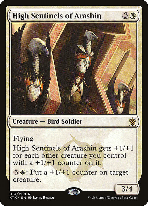 High Sentinels of Arashin
Creature — Bird Soldier
Flying
This creature gets +1/+1 for each other creature you control with a +1/+1 counter on it.
{3}{W}: Put a +1/+1 counter on target creature.
3/4