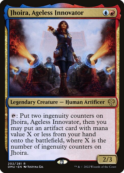 Jhoira, Ageless Innovator
Legendary Creature — Human Artificer
{T}: Put two ingenuity counters on Jhoira, then you may put an artifact card with mana value X or less from your hand onto the battlefield, where X is the number of ingenuity counters on Jhoira.
2/3
