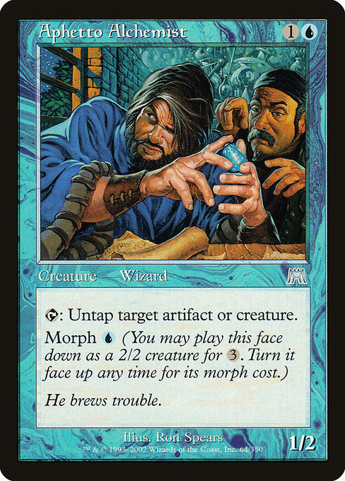 Aphetto Alchemist
Creature — Human Wizard
{T}: Untap target artifact or creature.
Morph {U} (You may cast this card face down as a 2/2 creature for {3}. Turn it face up any time for its morph cost.)
1/2