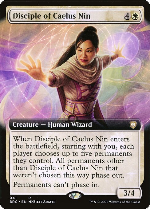 Disciple of Caelus Nin
Creature — Human Wizard
When this creature enters, starting with you, each player chooses up to five permanents they control. All permanents other than this creature that weren't chosen this way phase out.
Permanents can't phase in.
3/4