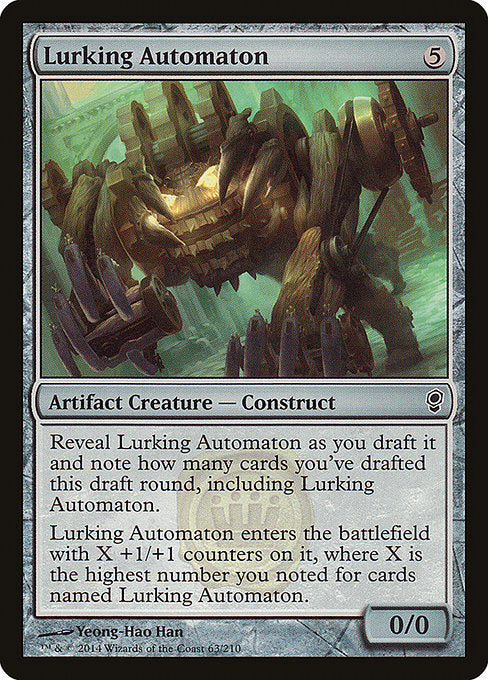 Lurking Automaton
Artifact Creature — Construct
Reveal this card as you draft it and note how many cards you've drafted this draft round, including this card.
This creature enters with X +1/+1 counters on it, where X is the highest number you noted for cards named Lurking Automaton.
0/0