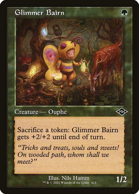 Glimmer Bairn
Creature — Ouphe
Sacrifice a token: This creature gets +2/+2 until end of turn.
1/2