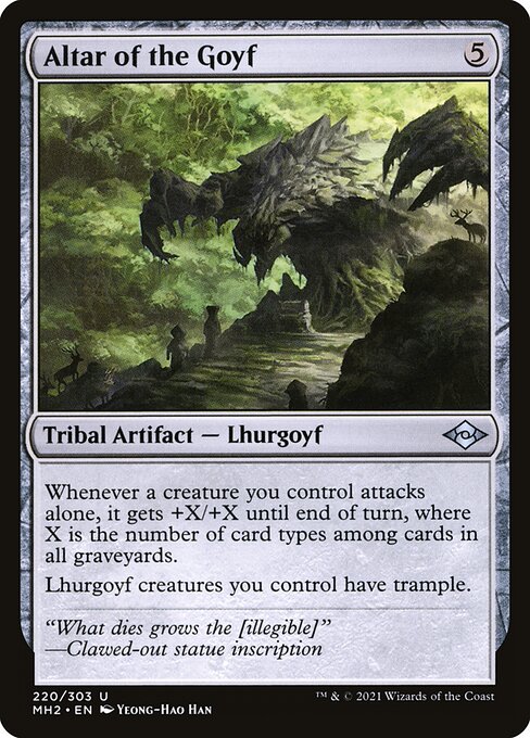 Altar of the Goyf
Kindred Artifact — Lhurgoyf
Whenever a creature you control attacks alone, it gets +X/+X until end of turn, where X is the number of card types among cards in all graveyards.
Lhurgoyf creatures you control have trample.