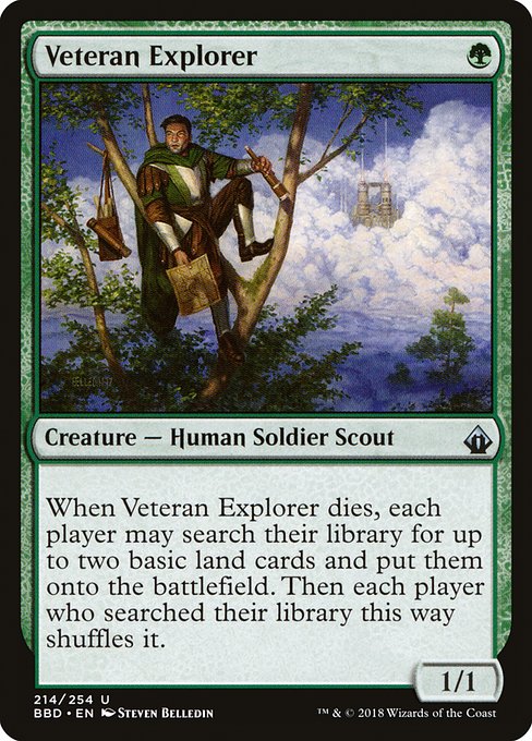 Veteran Explorer
Creature — Human Soldier Scout
When this creature dies, each player may search their library for up to two basic land cards, put them onto the battlefield, then shuffle.
1/1