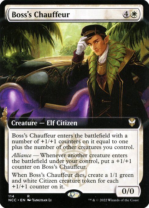 Boss's Chauffeur
Creature — Elf Citizen
This creature enters with a number of +1/+1 counters on it equal to one plus the number of other creatures you control.
Alliance — Whenever another creature you control enters, put a +1/+1 counter on this creature.
When this creature dies, create a 1/1 green and white Citizen creature token for each +1/+1 counter on it.
0/0