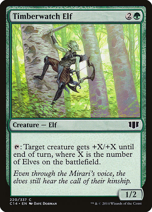 Timberwatch Elf
Creature — Elf
{T}: Target creature gets +X/+X until end of turn, where X is the number of Elves on the battlefield.
1/2