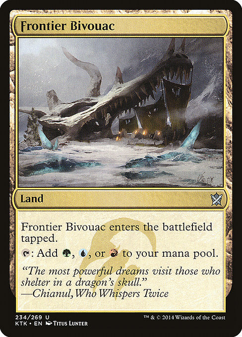 Frontier Bivouac
Land
This land enters tapped.
{T}: Add {G}, {U}, or {R}.