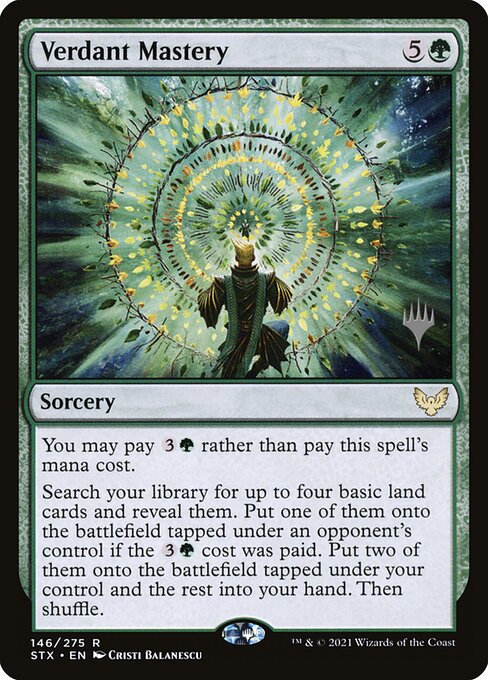 Verdant Mastery
Sorcery
You may pay {3}{G} rather than pay this spell's mana cost.
Search your library for up to four basic land cards and reveal them. Put one of them onto the battlefield tapped under an opponent's control if the {3}{G} cost was paid. Put two of them onto the battlefield tapped under your control and the rest into your hand. Then shuffle.