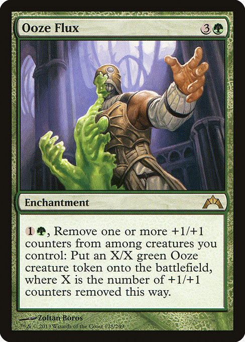Ooze Flux
Enchantment
{1}{G}, Remove one or more +1/+1 counters from among creatures you control: Create an X/X green Ooze creature token, where X is the number of +1/+1 counters removed this way.