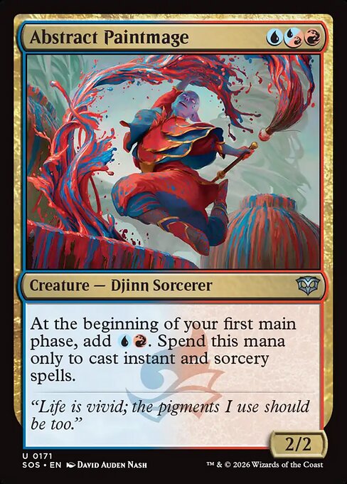 Abstract Paintmage
Creature — Djinn Sorcerer
At the beginning of your first main phase, add {U}{R}. Spend this mana only to cast instant and sorcery spells.
2/2