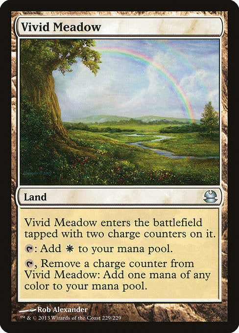 Vivid Meadow
Land
This land enters tapped with two charge counters on it.
{T}: Add {W}.
{T}, Remove a charge counter from this land: Add one mana of any color.
