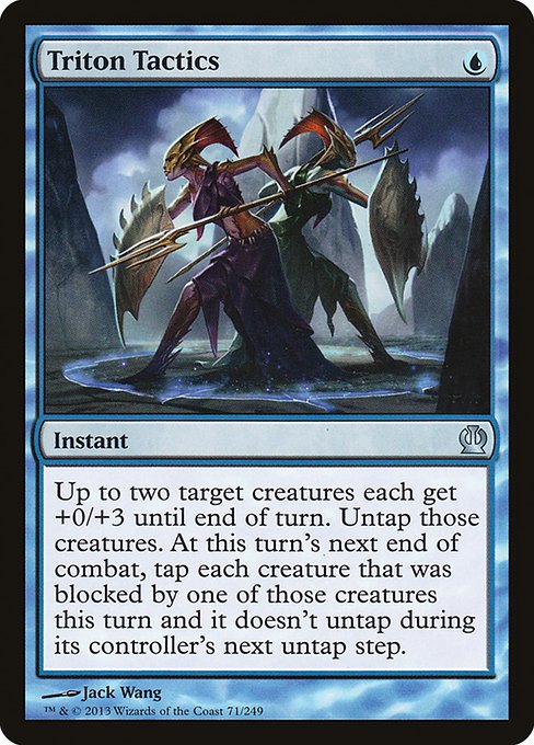 Triton Tactics
Instant
Up to two target creatures each get +0/+3 until end of turn. Untap those creatures. At this turn's next end of combat, tap each creature that was blocked by one of those creatures this turn and it doesn't untap during its controller's next untap step.