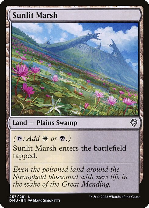 Sunlit Marsh
Land — Plains Swamp
({T}: Add {W} or {B}.)
This land enters tapped.