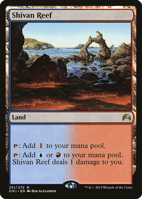 Shivan Reef
Land
{T}: Add {C}.
{T}: Add {U} or {R}. This land deals 1 damage to you.