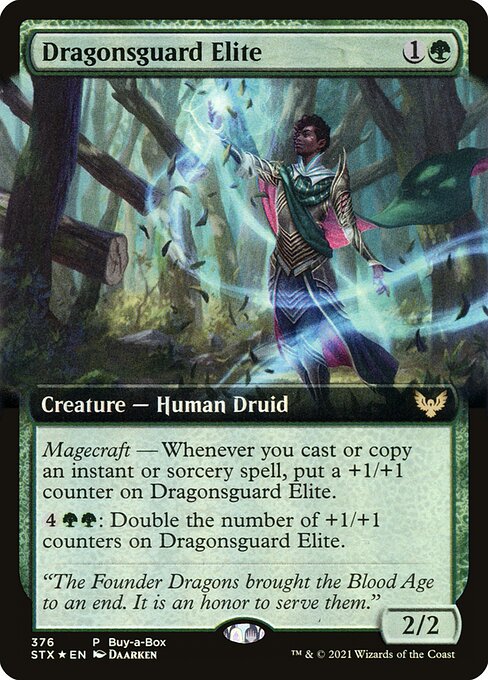 Dragonsguard Elite
Creature — Human Druid
Magecraft — Whenever you cast or copy an instant or sorcery spell, put a +1/+1 counter on this creature.
{4}{G}{G}: Double the number of +1/+1 counters on this creature.
2/2