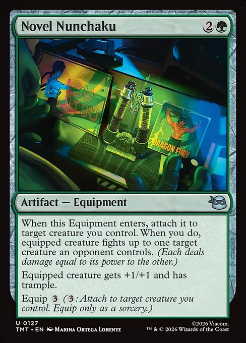 Novel Nunchaku
Artifact — Equipment
When this Equipment enters, attach it to target creature you control. When you do, equipped creature fights up to one target creature an opponent controls. (Each deals damage equal to its power to the other.)
Equipped creature gets +1/+1 and has trample.
Equip {3} ({3}: Attach to target creature you control. Equip only as a sorcery.)