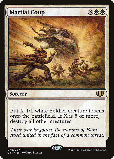 Martial Coup
Sorcery
Create X 1/1 white Soldier creature tokens. If X is 5 or more, destroy all other creatures.
